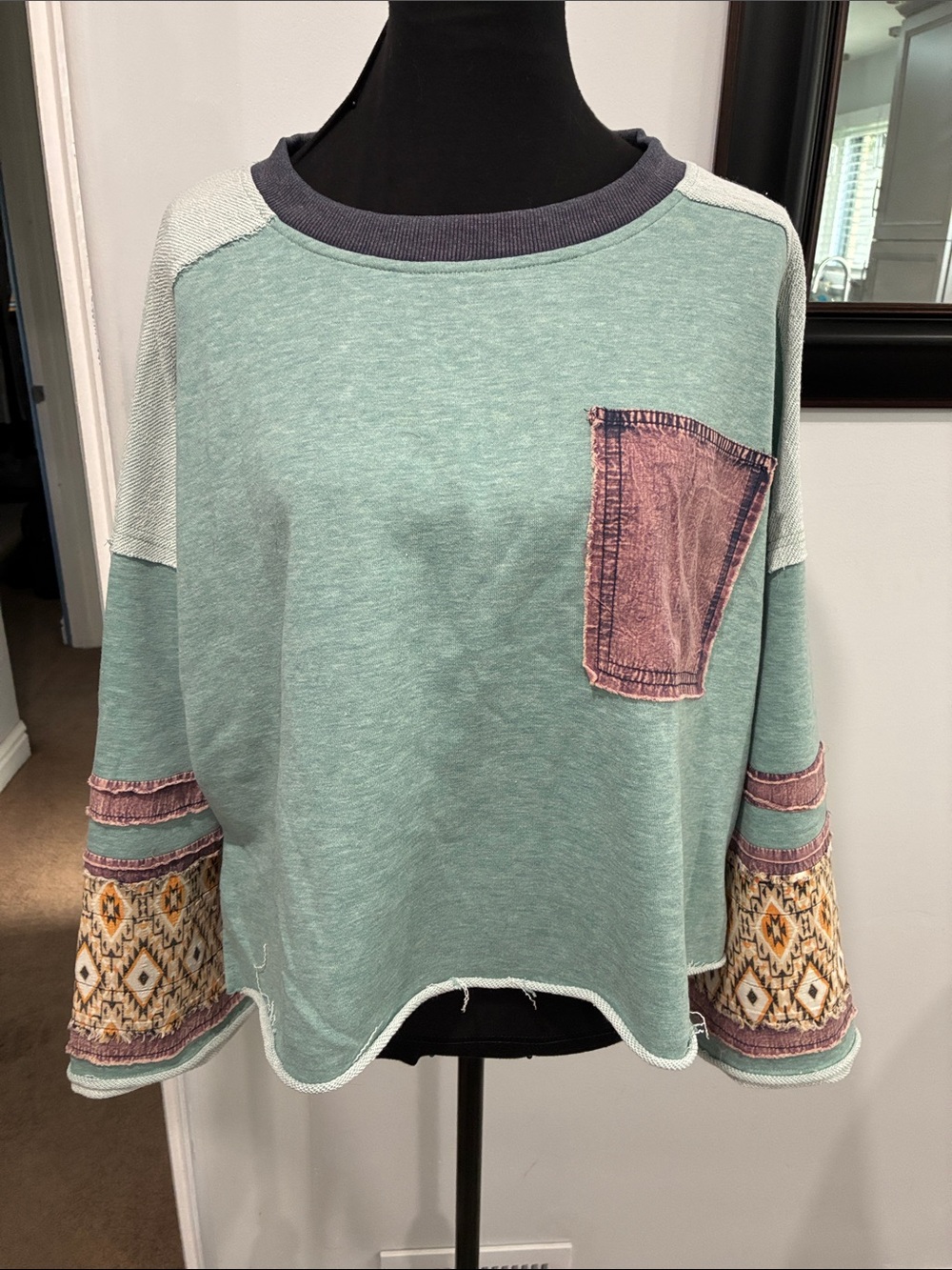 Oli & Hali Mint Crewneck Sweater with Pink Pocket and Patterned Sleeves